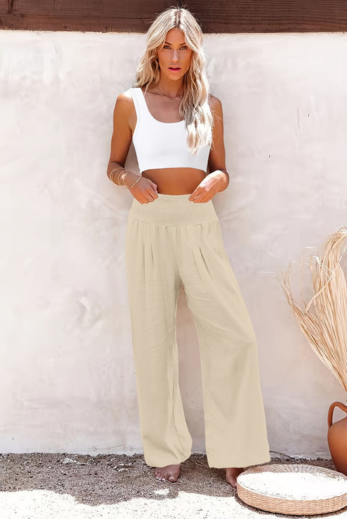 Smocked Wide Waistband High Waist Wide Leg Pants